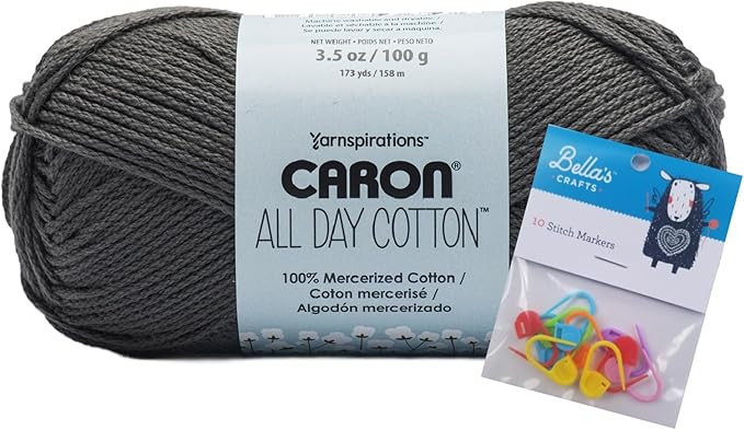 Caron All Day Cotton Yarn - 100g/3.5oz - 100% Mercerized Cotton - 173 Yards Bundle with Bella's Crafts Stitch Markers (Slate)