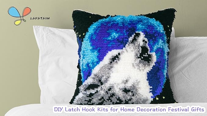 LAPATAIN Latch Hook Kits for DIY Throw Pillow Cover,Needlework Cushion Cover Hand Craft Crochet for Great Family 17X17inch Wolf(Moon)