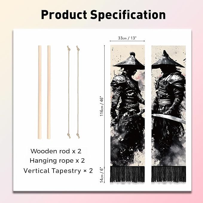 PLIGREAT 2 Pack Ink Style Tapestry Japanese Samurai Vertical Wall Hanging with Tassels Black Aesthetic Wall Tapestry for Bedroom Living Room Dormitory Backdrop Home Art Decor, 52"x13"