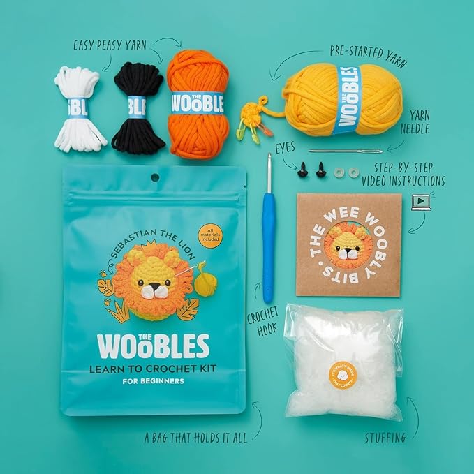 the woobles crochet kit for beginners - easy arts and crafts knitting & crochet animals kit as seen on shark tank - sebastian the lion
