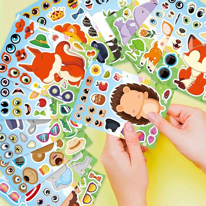 24 sheets make a face stickers, animal stickers for kids make your own mix and match sticker sheets with 12 wild animals designs, fox elephant hedgehog, kids party favors activities
