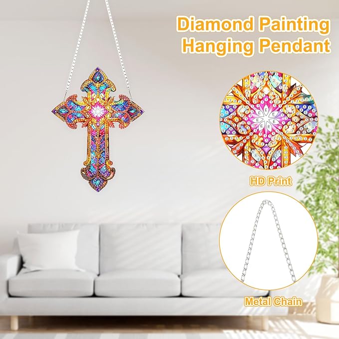 TOSTOG Cross Diamond Art Hanging Kits for Adults, Cross Diamond Painting for Adults Window Pendant, Special Shape Diamonds Diamond Painting Hanging Pendant Kit for Wall Home Decor Gift
