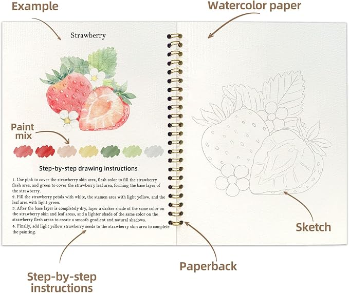 Watercolor Workbook, Water Coloring Book, 12 Different Patterns of Original DIY Designs, 18 Colors Watercolor Paint Set, Beginner-Friendly Watercolor Workbooks (Fruits), Perfect Gifts for Adults