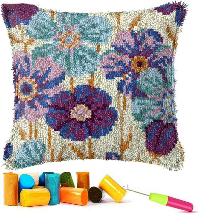 EMISTEM Latch Hook Kits for Adults - Latch Hook Pillow Kits, Crochet Yarn Kit for Beginners, DIY Needlework Crafts Cover Case with Printed Canvas, Gift Packaging. (Daisy Flower,17x17 inch)