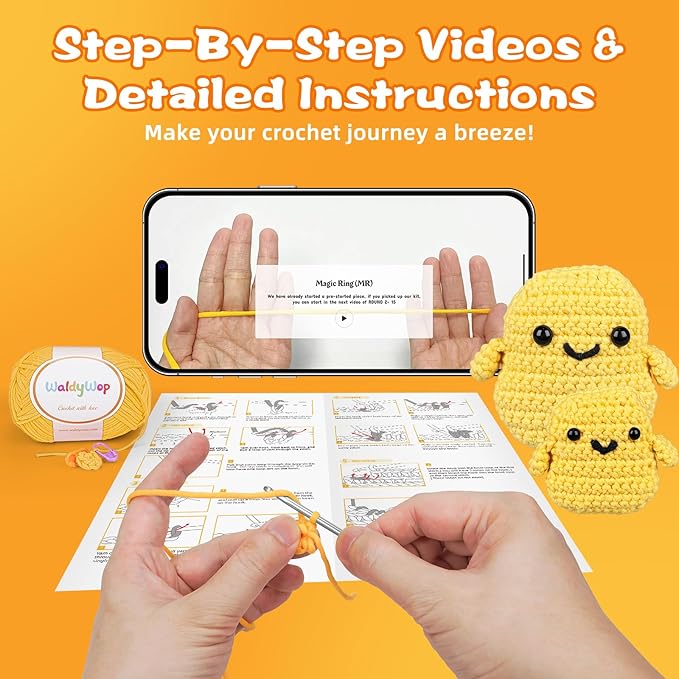 WaldyWop Crochet Kit for Beginners: 2 PCS Easy Complete Knitting Kit with Step by Step Video & Written Tutorials, Soft Yarns (Extra 40%), Hook - Birthday Gift Set for Women (Chicken Nuggets)