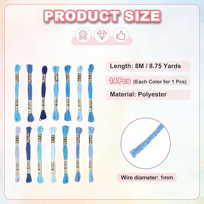 PATIKIL 14 Skeins Embroidery Floss, Polyester Embroidery Threads Bracelets String for Cross-Stitch Hand Embroidery, Multicolored Sky Blue