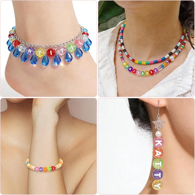 sutoug 1000pcs colourful letter beads for threading, 4 x 7 mm acrylic round alphabet beads for jewellery diy making crafts bracelets necklaces ornaments