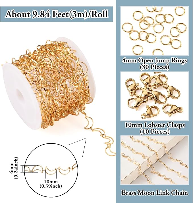 Sparkeads 9.84 Feet(3m) Golden Chain for Jewelry Making,Brass Hollow Moon Link Chains,Golden Link Necklaces for Women, Cable Chain for Bracelet DIY Earring Craft Jewelry Making Kits,10x6x1mm
