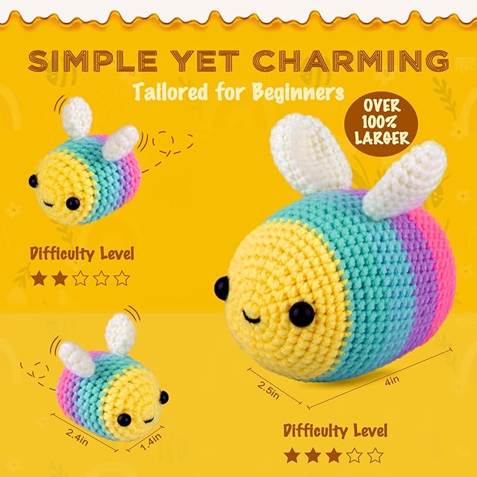 Crochetta Crochet Kit for Beginners, Beginner Crochet Starter Kit w Step-by-Step Video Tutorials, Learn to Crochet Kits for Adults Women Men, DIY Knitting Supplies, Bee Family (Yellow)