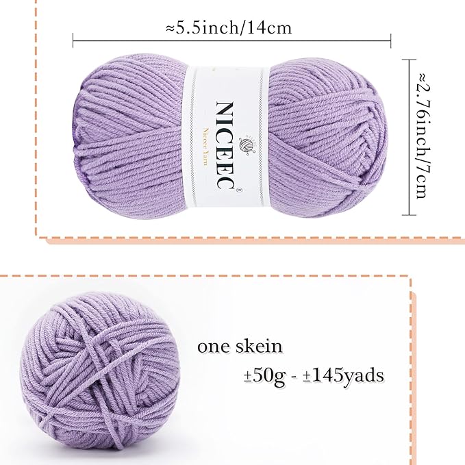 NICEEC 300g Soft Assorted Colors Yarn - Sport Weight,100% Acrylic, 4 Ply, Bonbons Yarn for Crochet & Knit, DIY Project Starter Kit for Kids or Adults(Total 870yds) - Light Purple