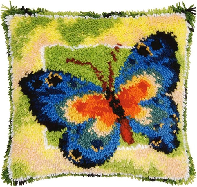 LAPATAIN Latch Hook Kits for DIY Throw Pillow Cover,Butterfly Needlework Cushion Cover Hand Craft Crochet for Great Family 17x17inch