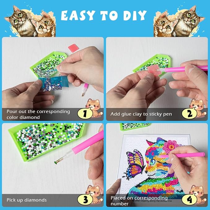 QEUOYSS Diamond Art Kit for Kids with Wooden Frame Art and Crafts for Kids Ages 6-8 -10-12 Easy to DIY Diamond Art for Kid and Adult Beginners Home Wall Decoration (Butterfly cat)