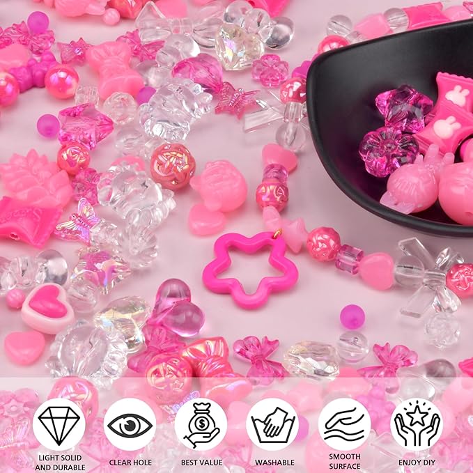 ABONDEVER 245-300Pcs Assorted Acrylic Beads for Bracelets Making Cute Star Bow Flower Candy Heart Gummy Bear Butterfly Beads for DIY Jewelry Crafts Keychain Necklace Phone Charms(Rose Pink)