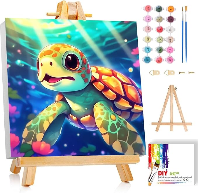Gemozaic Sea Turtle Paint by Numbers Kit for Kids with Frame and Easel, Kids Paint by Number on Canvas for Age 4-8, 8x8 Inch