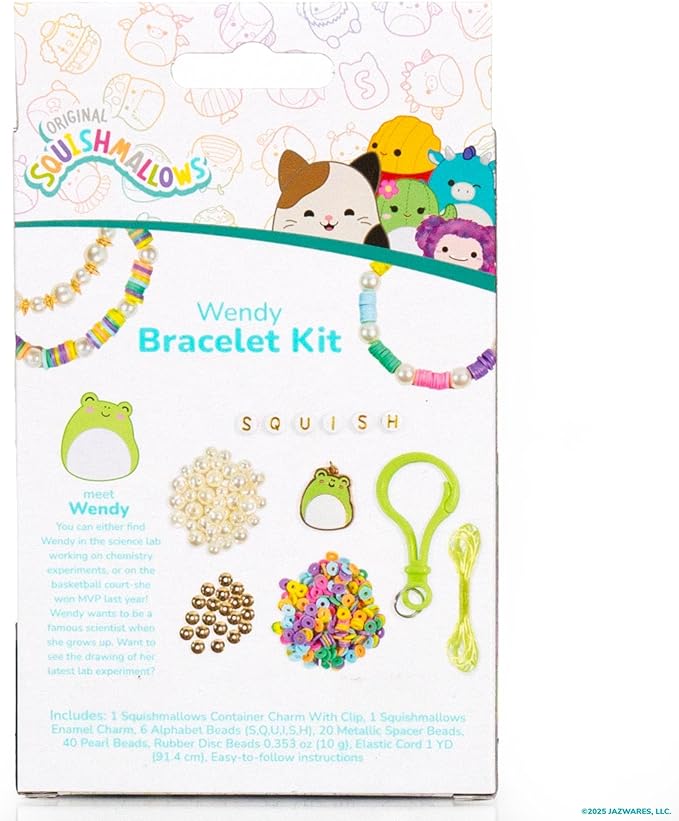 Original Squishmallows Wendy The Frog Bracelet Kit, Makes 3 Accessories, Fun Beads and Charms, Bonus Keychain, Friendship Jewelry Making Set, Gifts for Girls, Craft Kits, Arts and Crafts for Kids