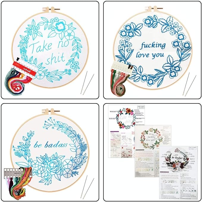 Louise Maelys Embroidery Starter Kit with 3 Hoops for Adults Funny Floral Wreath Pattern for Beginners Needlepoint Kits