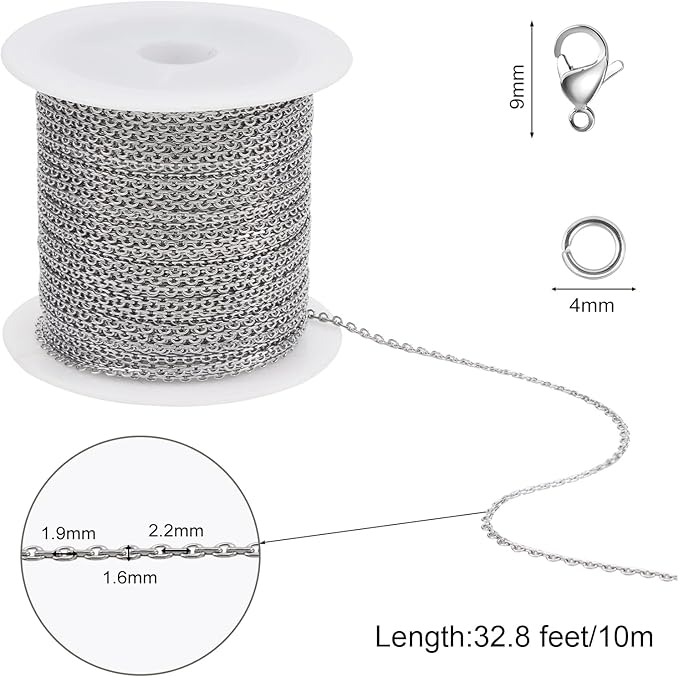 SMYHTGLIF 10 Meters Stainless Steel Jewelry Making Chains Silver Cable Rolo Chain with Lobster Clasps and Jump Rings for Jewelry Making