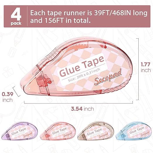 Scrapbook Tape, 0.3IN x 39FT Double Sided Tape Roller for Crafts, Adhesive Glue Runner Scrapbooking Supplies Journaling School Office Supplies for Kids and Adults, 4 Pack