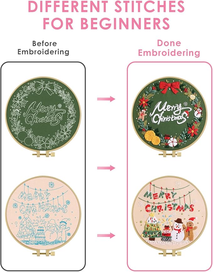 TINDTOP Embroidery Kit for Adult, Owl Embroidery Kit for Beginners Include Embroidery Cloth Hoops Threads for Craft Lover Hand Stitch with Embroidery Skill Techniques (Christmas)