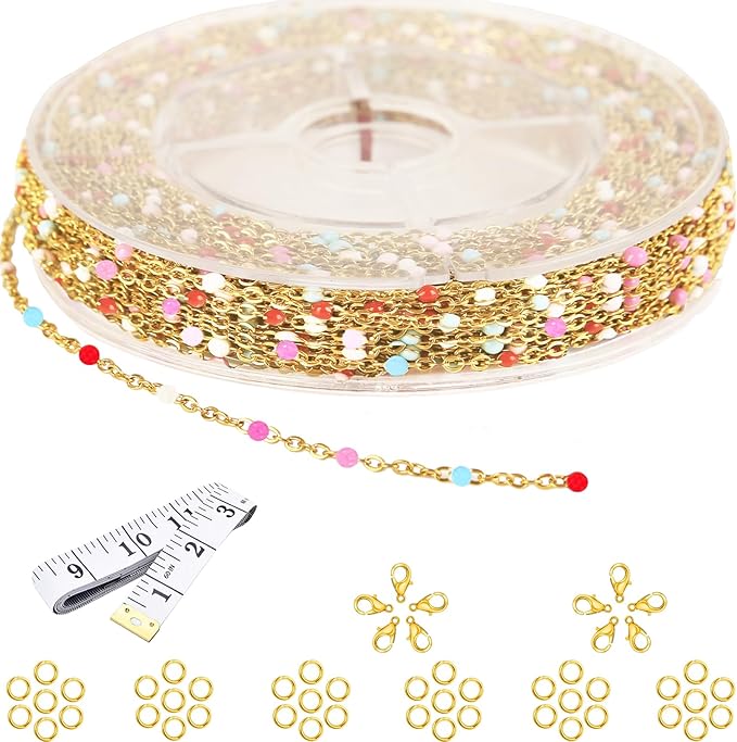 Gold Plated Stainless Steel Enamel Cable Chain for Jewelry Making, Oil Drip Rainbow Beaded Links Chains for DIY Necklace Bracelet Craft Jewelry Making Supplies with Lobster Clasps Soft Tape Measure