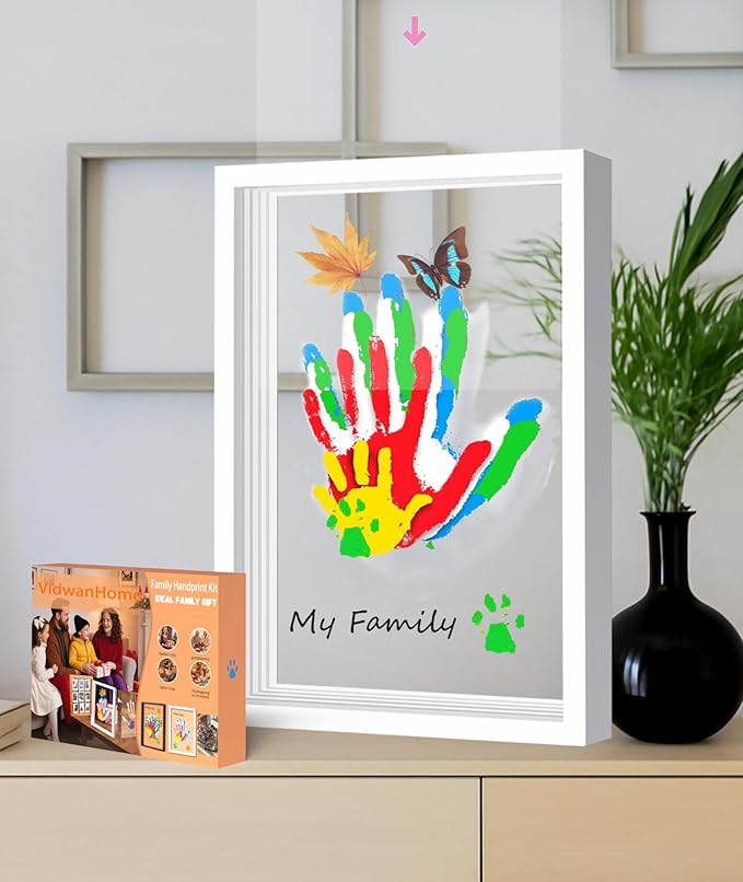 family handprint & hand casting kit – diy craft keepsake with wooden frame, non-toxic paints, baby footprin kit – perfect gifts for grandparents, new parents & families (white, 4 transparent sheets)