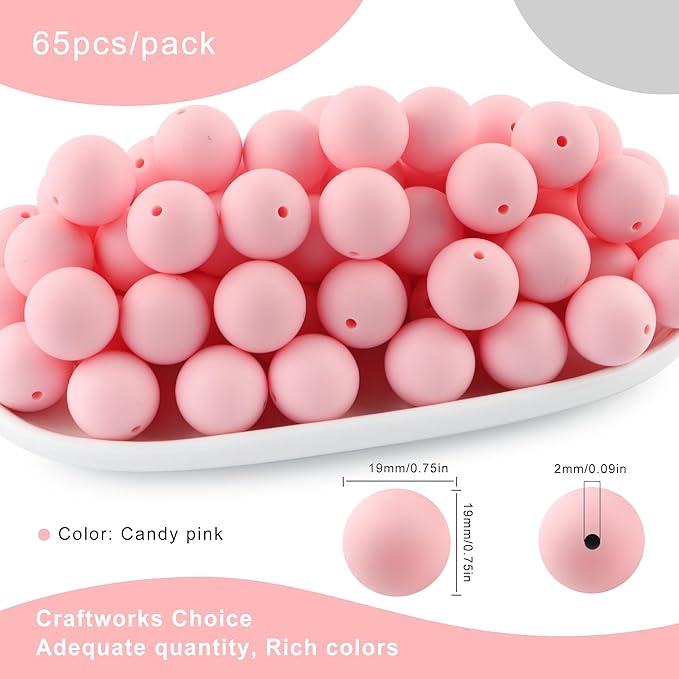 65Pcs 19mm Silicone Beads for Keychain Making Bracelet Necklace, Bulk Round Silicone Beads for Pens(Candy Pink)
