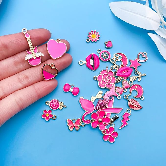 Youdiyla 60pcs Alloy enamel rose red series fixed set Pendant Jewelry Making DIY Keychain Earrings Pendant Various Design Charms for Jewelry Making Bracelets Necklace (HK554)