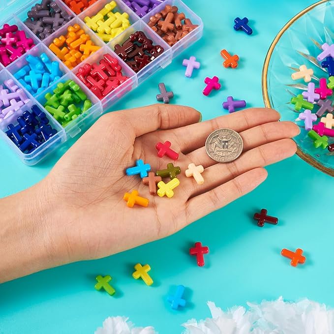 FASHEWELRY 225Pcs Acrylic Cross Beads for Bracelets - Assorted Color Crosses Crucifix Christian Beads Chunky Rosary Spacer Bead for Necklaces, Key Chains, Jewelry Making Easter Supplies