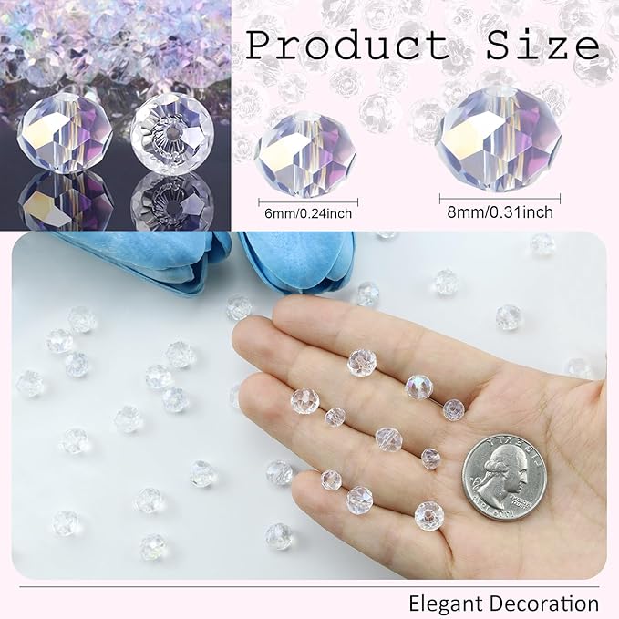 1000Pcs Clear Glass Crystal Beads for Jewelry Making Bracelets Necklace Rondelle Shape DIY Loose Gemstones Decoration Craft Earring Decor Suncatcher Glass Beads for Crafts 6mm 8mm AB Color