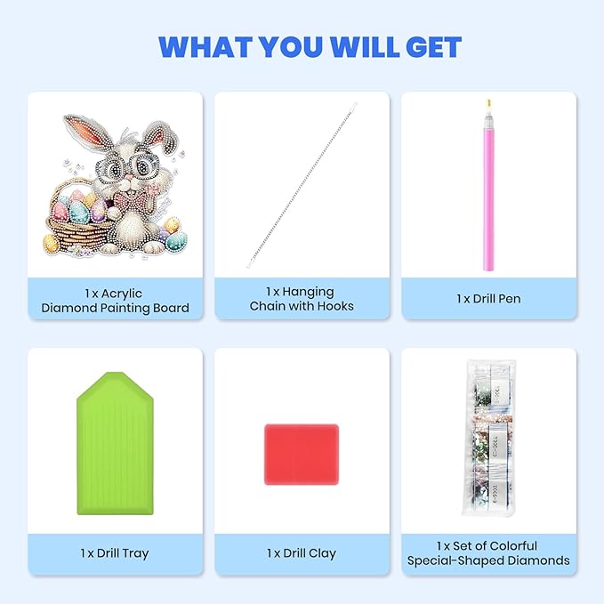 MXJSUA Happy Easter Bunny Diamond Art Hanging Kits for Adults Beginners, Crystal Diamond Suncatchers, Special Shape Diamond Painting Pendant Window Ornament Gifts for Home Garden Door Wall Decor