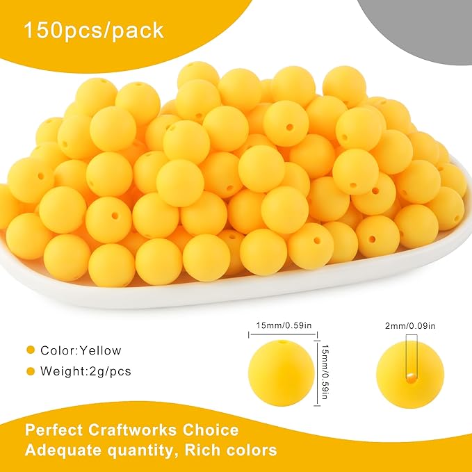 150Pcs 15mm Silicone Beads for Keychain Making Bracelet Necklace, Bulk Round Silicone Beads for Pens（Yellow）