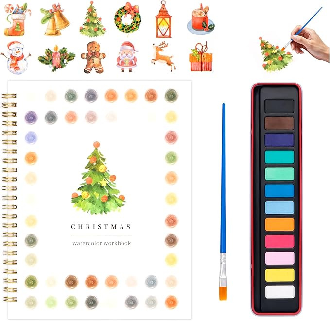 Watercolor Workbook for Adults, Beginner Friendly Watercolor Painting Kit Christmas Water Coloring Book, Nature-Themed Practice Art Gift Water Color Paint Book with Palette and Brush