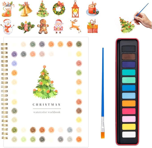 Watercolor Workbook for Adults, Beginner Friendly Watercolor Painting Kit Christmas Water Coloring Book, Nature-Themed Practice Art Gift Water Color Paint Book with Palette and Brush