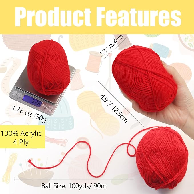 SUNTQ 12x50g Large Acrylic Yarn Skeins, 28 PCS Crochet Yarn Kit in 12 Assorted Colors Bundle, 1200 Yards Yarn Balls, 2 Hooks, 2 Needles, 10 Stitch Markers, Ideal Starter Pack for Crochet & Knitting
