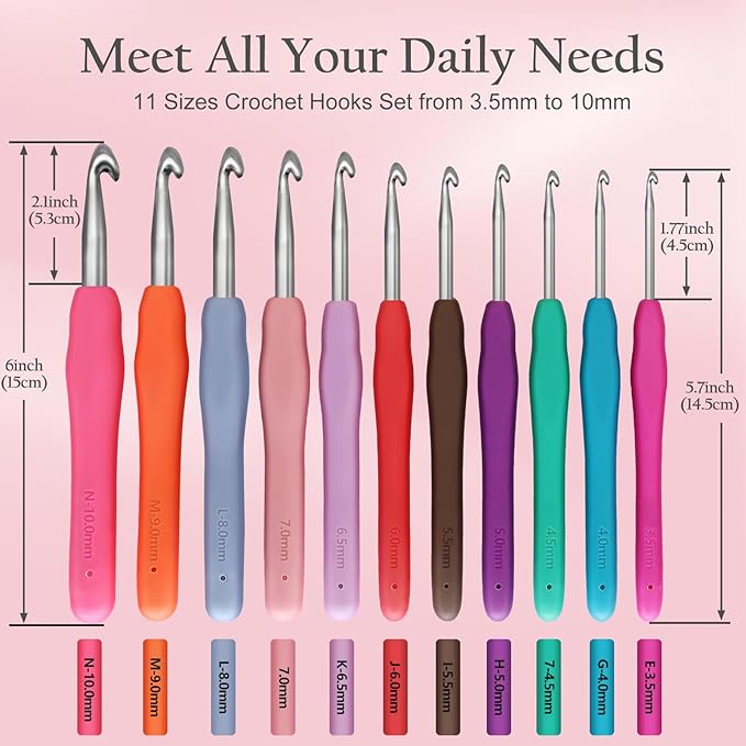 blingcute 50-piece ergonomic crochet kit (0.6mm-8.0mm), pain-free hooks for arthritis hands, portable aluminum needles set with pink travel organizer, best gift for beginners & lace projects