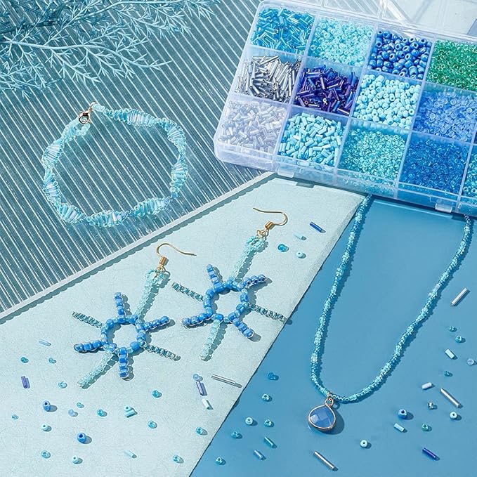 PH PandaHall 14 Colors 5944pcs Blue Series Seed Beads Kit 2~4mm 4052pcs Round Glass Beads 3~12x1.8~2mm 1892pcs Bugle Beads Tube Spacer Beads Loose Beads for Bracelet Necklace Jewelry Making