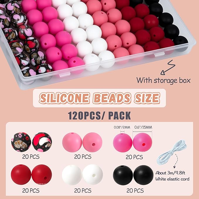 120 Pcs Silicone Beads for Keychain Making 15mm Bracelets Red Black White Mixed 6 Colors Silicone Round Beads Bulk for Crafts Beadable Pens