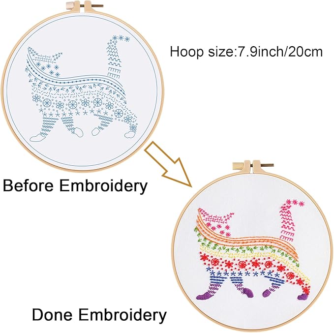 Louise Maelys Embroidery Kits for Beginners Adults,Cat Stamped Pattern Practice for Starters,Cross Stitch Kit Including Hoop,Cloth,Needles, Instruction and Threads