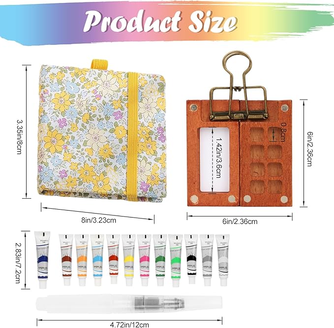 Travel Watercolor Set，Mini Paint Palette Travel kit，Mini Water Color Paint Set，Wooden 8 Grid Paint Box,12 Colors Small Watercolor Sketchbook for Artists Painters Students (12-Yellow)