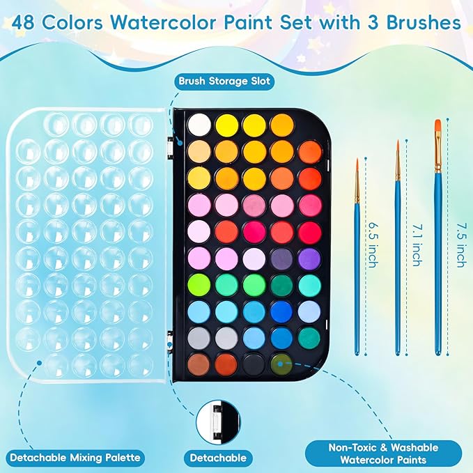 48 Color Solid Watercolor Paint Set with 3 Wooden Brushes - Non-Toxic, Vibrant & Washable Watercolor Kit for Artists, Children, Beginners, Kids - Portable Watercolor Painting Set for Travel & Studio