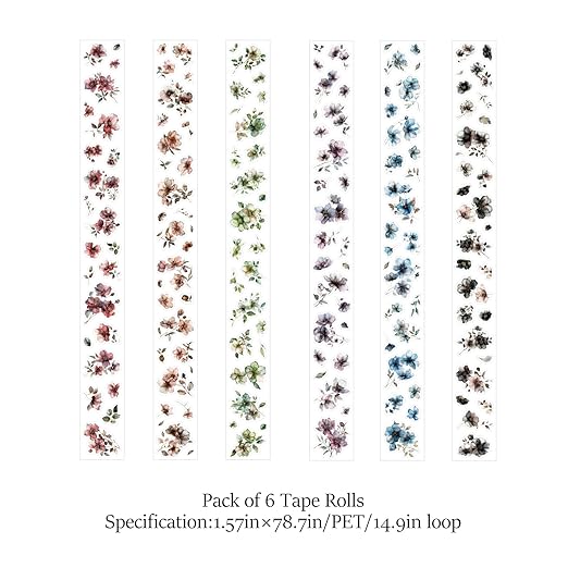 Flower PET Tape Stickers for Scrapbooking Supplies, 6 Rolls of Holographic Vintage Floral Journal Stickers for Scrapbooking, Journaling, Junk Journal Supplies,DIY Crafts (Garden)