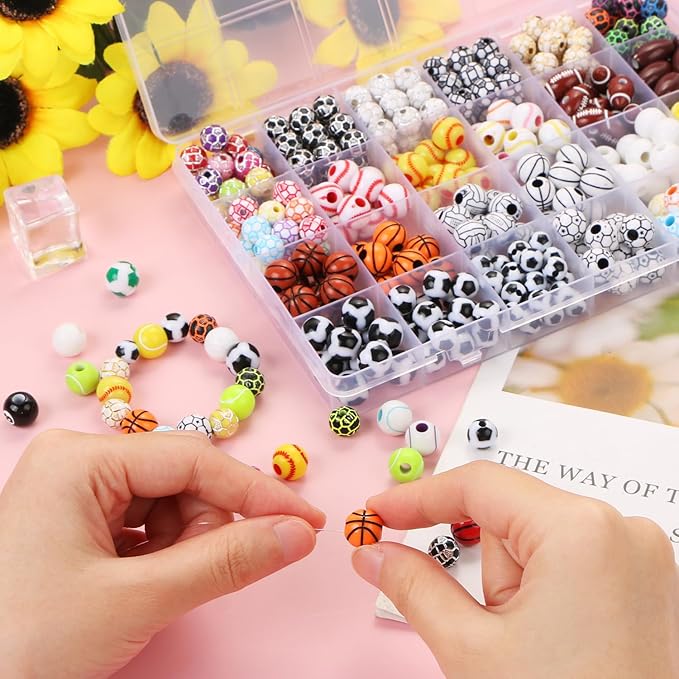 EVERMARKET 400 Pcs Sports Ball Beads for Jewelry Making, Acrylic Sports Beads Bulk, Baseball Basketball Soccer Volleyball Softball Football with Box for DIY Crafts Key Chains Bracelet