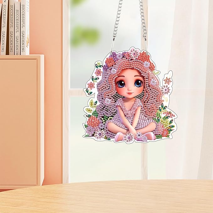 AiYuanzsh DIY Beautiful Girl Diamond Art Hanging Kit, Floral Special-Shaped Crystal Diamond Painting Pendant Ornament for Home Wall Decor Gift for Adults
