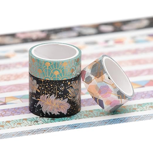YUBBAEX Mystic Gold Washi Tape Set Wide Silver Foil Masking Tape Decorative for Arts, DIY Crafts, Journal Supplies, Planners, Scrapbook, Card/Gift Wrapping (Geometric Aesthetics)