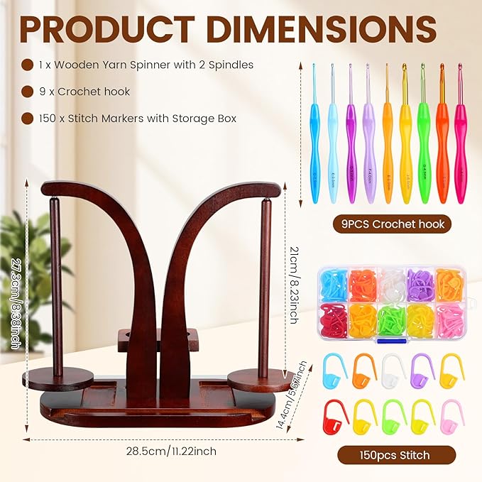 Yinkin Wooden Yarn Holder for Crocheting and Knitting, Magnetic Rotating Yarn Ball Holder with 2 Spindles and Crochet Hook, Stitch Markers for Knitting & Crocheting, DIY Lovers Crafts