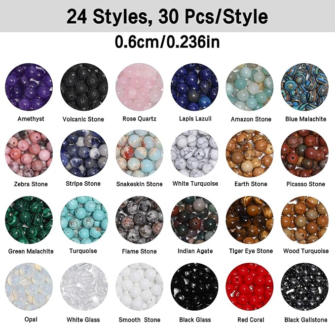 720pcs 6mm Natural Round Stone Beads Gemstone Crystal Loose Beads Smooth Bead for Bracelet Necklace Earring Jewelry Making Kit