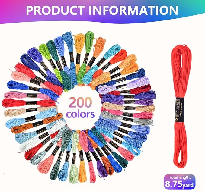 OBTANIM 200 Skeins Rainbow Color Embroidery Floss Cross Stitch Threads Bracelet String Yarn Crafts Floss with Needles for Bracelet Making, Hand Sewing Crafts