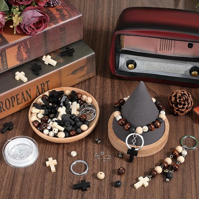 SUNNYCLUE 250Pcs Keychain Making Kits Wooden Cross Charm Wood Cross Bead Black White Natural Lava Rock Beads Mini Crucifix Charm Wood Cross Charms Split Key Ring for Keychains Bracelets DIY Crafts