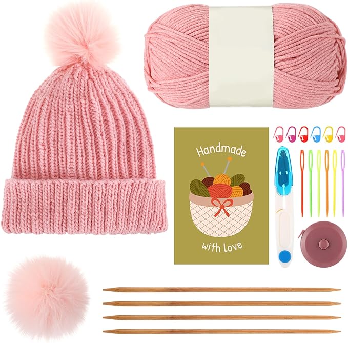 GliCraft Knitting Kits for Beginners Adults Hat Knit Kit with Yarn, Knitting Needles, Faux Pom, Scissors, Measuring Tape Practical and Easy to Use Complete Beginners for Women Men Present(Dark Pink)