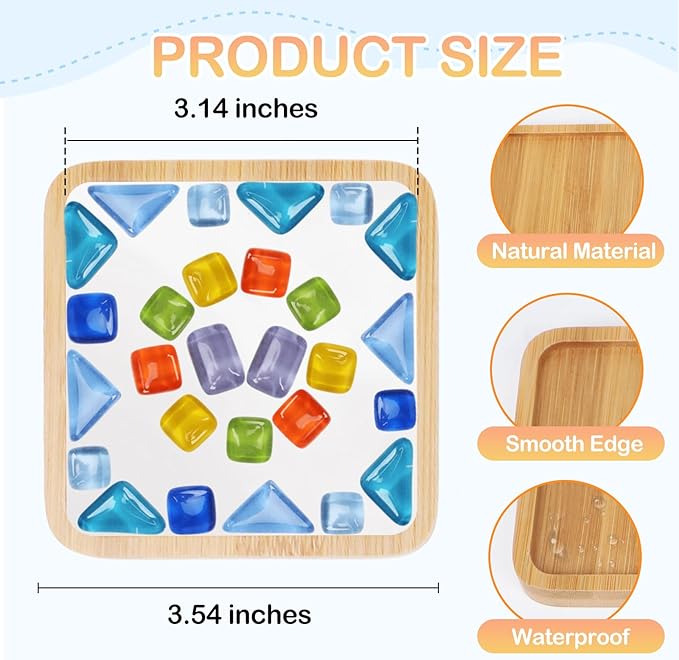 SAYAYA 4 Sets DIY Glass Mosaic Tiles for Crafts Mosaic Crafts Kit with Bamboo Coaster for Adults Glass Coasters Crafts Set for Handmade Home Christmas Halloween Birthday Decoration Gift (Square Set)